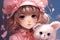 Cartoon Style Drawing of Girl with big blue eyes in pink clothes and hat holding a White Kitten Plushie on a Petal