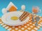 cartoon style food illustration. Breakfast items 3d render.