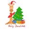 Cartoon-style giraffe Christmas card with a Christmas tree and gifts