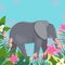 Cartoon style icon of elephant with tropic leaves and flowers. A cute character for different design