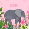 Cartoon style icon of elephant with tropic leaves and flowers. A cute character with text for different design. Vector