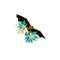 Cartoon style icon of flying fox with tropical flowers, leaves. Cute fruit bat for different design