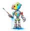 Cartoon-style illustration of a cute robot artist covered with paint holding a brush isolated on white. Concept of computer