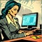 Cartoon-style illustration depicting an attractive businesswoman working on her computer, with a touch of comic book