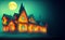 cartoon style illustration of enchanted haunted house, Halloween symbol created with generative ai technology
