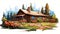 Cartoon Style Log Cabin In Western Natural Setting