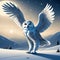 cartoon style, A magnificent snowy owl in mid-flight,