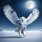 cartoon style, A magnificent snowy owl in mid-flight