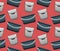 Cartoon style metal and wide plastic buckets for cleaning seamless pattern on red background