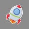 Cartoon style minimal spaceship rocket icon. Toy rocket upswing ,spewing smoke. Startup, space, business concept.