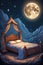 A cartoon style of moon with a sleeping bed at a night with stars, centered, fantasy, printable, t-shirt design, clean background