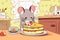 A cartoon style mouse eating a cake in a kitchen. Created with Generative AI