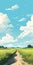 Cartoon Style Open Field: Atmospheric Clouds And Lush Landscape Background