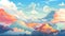 Cartoon-style painted clouds in a childlike style. Each cloud is different, animated, and colorful, giving it a unique character.