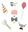 Cartoon style party accessories set isolated illustration on white background