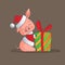 Cartoon style pig wearing Santas hat smiling sitting with christmas gift