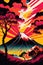 Cartoon style poster of mount Fuji, Japan
