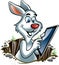Cartoon style rabbit in hole operating tablet computer