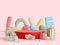 Cartoon style red display podium surrounded with cute object on pink background 3d render