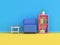 Cartoon style sofa bookshelf minimal 3d render blue wall yellow floor scene,education concept