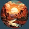 Cartoon-style Sunset Canyon Painting: Romantic Riverscape Illustration