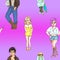 Cartoon style teen kids on pink violet background