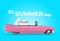 Cartoon styled side view pink vintage car cabriolet with luggage on board, on the beach road. Travel themed vector illustration