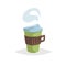 Cartoon stylish take away coffe mug with handle. Trendy decorative design. Great for cafe menu. Green mug with steam.