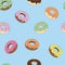Cartoon stylized delicious mouth-watering little glazed chocolate donuts with sweet decor, seamless vector color pattern on a pale