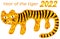 Cartoon stylized tiger in yellow-orange colors. Sparkling gradients. With the inscription - year of the tiger 2022.