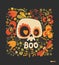 Cartoon sugar skull silhouette with heart eyes, floral ornament and multicolored flowers on black background. Day of the