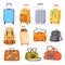 Cartoon suitcase wheels and bags. Tourist trip package, travel luggage types handle backpack plastic trolley knapsack