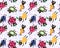 Cartoon summer animals and fruit seamless cats and strawberry and lemon and pears and kiwi pattern