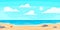 Cartoon summer beach. Paradise nature vacation, ocean or sea seashore. Seaside landscape vector background illustration