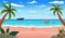 Cartoon summer beach, seaside landscape, tropical beach relax, vector background illustration.