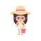 Cartoon summer girl in a swimsuit and hat with sunglasses and with summer bucket