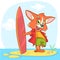 Cartoon summer holiday background with fox surfer. Vector illustration