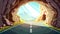 This cartoon summer modern landscape shows an empty curve serpentine road going out of a tunnel filled with sunlight