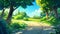 Cartoon summer nature landscape with a dirt road in the forest. Modern template for animation with separated layers