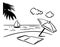 Cartoon summer resort landscape - sea beach with palm leaves, umbrella, towel on a sand, clouds in the sky and little