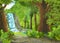 Cartoon summer scene with meadow in the forest with waterfall and stream illustration for children