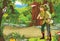 Cartoon summer scene with path in the forest and young prince or hunter - illustration