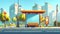 In the cartoon summer view we see a bus stop station on city road background near a sign, a public transit building on a