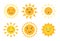 Cartoon sun emoticon characters collection, sunny faces with happy emotions and fun positive smile, funny summer