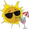 Cartoon sun mascot wearing sun glasses and drinking cocktail vector