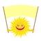 Cartoon Sun smile. Funny Yellow Sun Holds a sign for text.