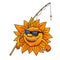 Cartoon sun in sunglasses with fishing rod