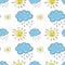 Cartoon sunny pattern. Colored hand drawn doodles of suns and clouds on a transparent background. Seamless vector