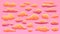 Cartoon sunset cloud, fluffy orange clouds in sky. Cute pink cloudy skies, heaven sundown cloudscape with cloud shapes