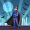 Cartoon superhero in black cape. Man in dark hero costume